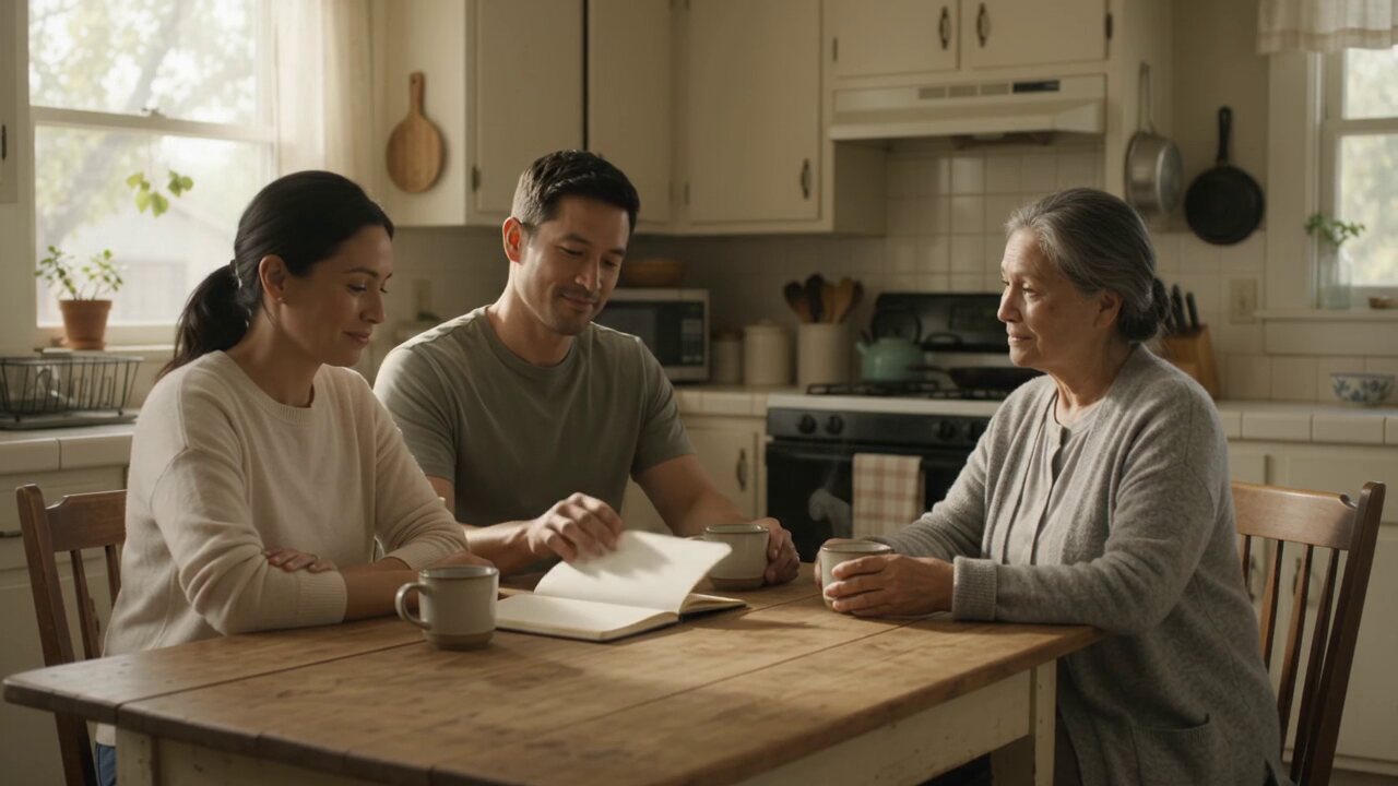 A family having a calm planning conversation around their kitchen table