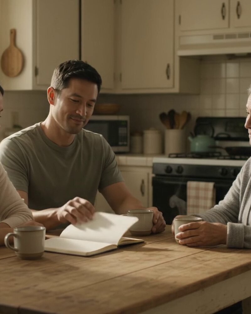 A family talking through everyday plans at their kitchen table